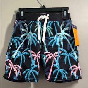 Tropical Palm Kids Swim Trunks - Black, Blue, Pink